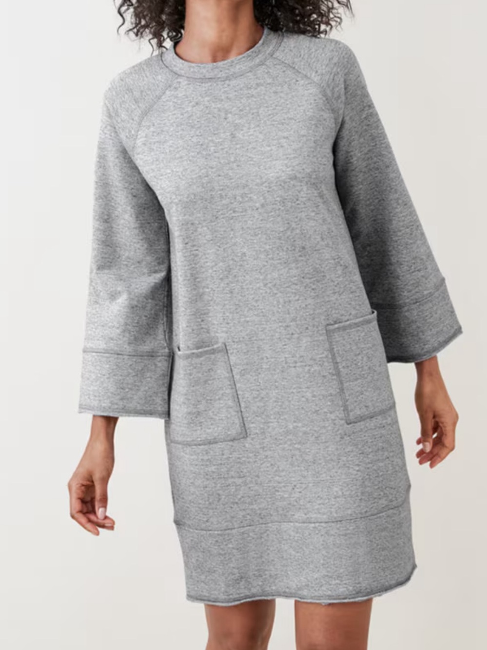 Garnet Hill French Terry Day Dress Gray Bell Sleeve Patch Pocket Sweatshirt M